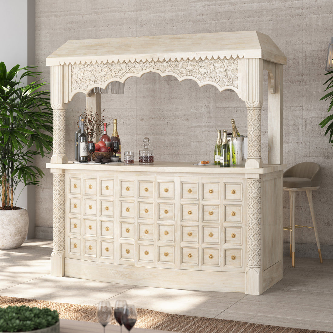 Monterey Hand-Carved Canopy Wine Bar Counter with Wine Fridge Space &amp; Bottle Storage