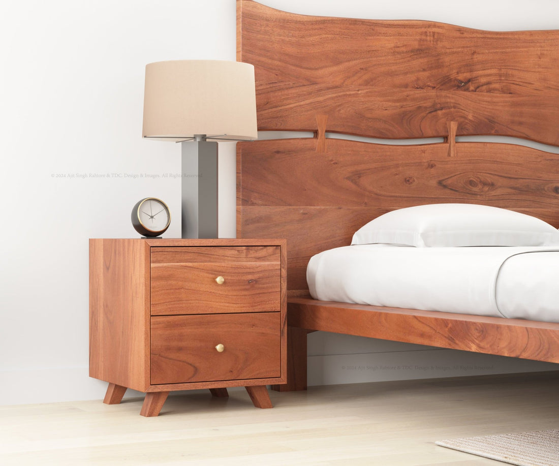 Rustic Acacia Wood Mid-Century Modern Nightstand