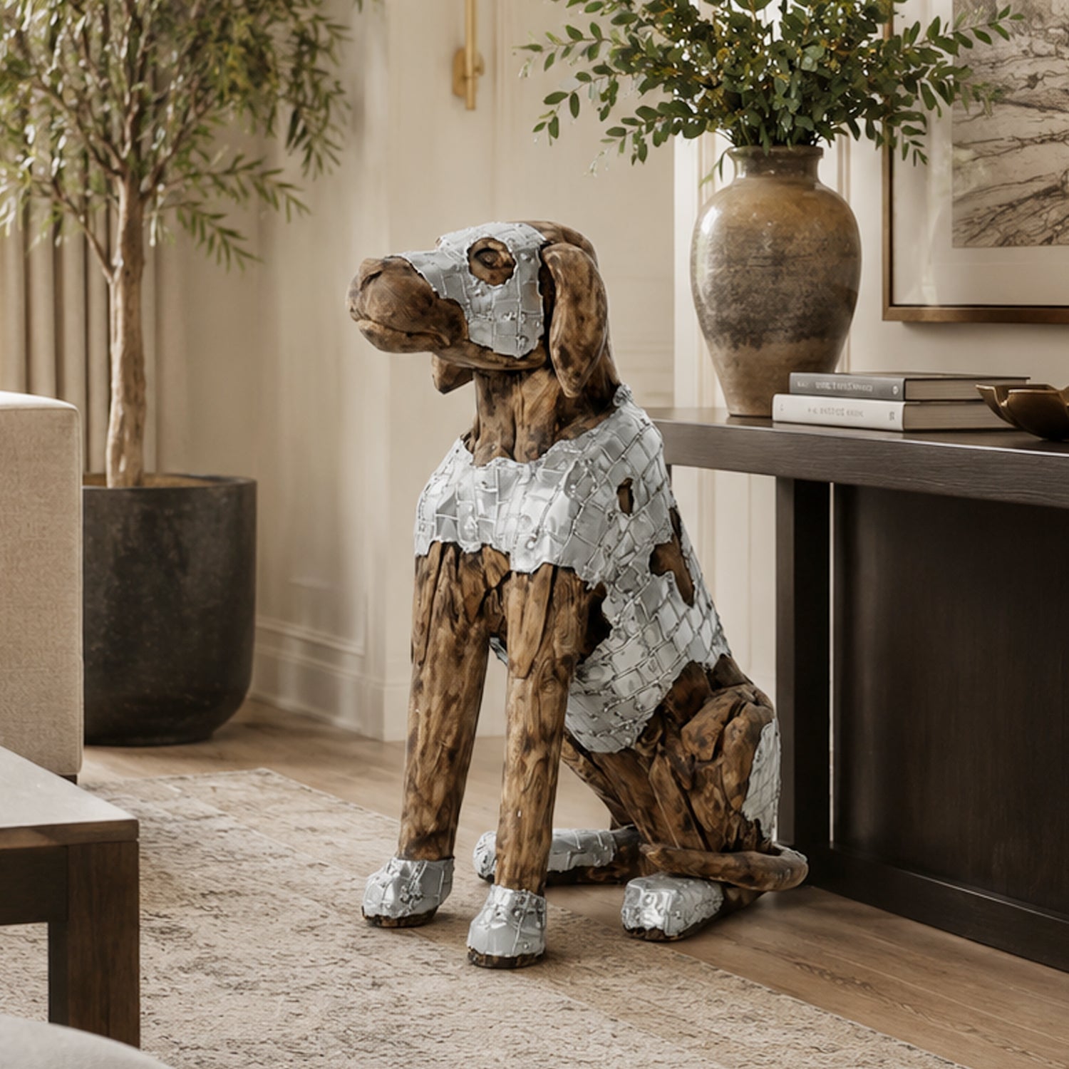 ルアー・フライ DOG-X SPECIAL WOOD CARVING Sentinel Teak Wood & Aluminum Dog Sculpture