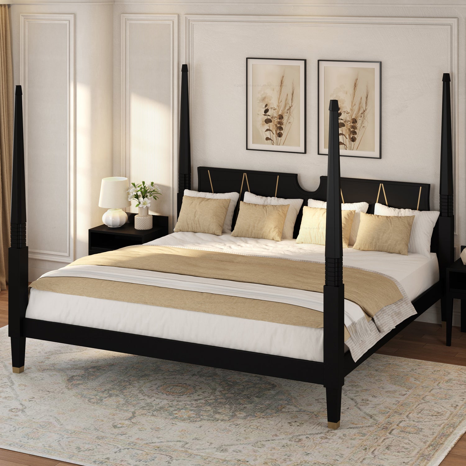 Troy Solid Wood Four Poster Bed with Brass Detailing