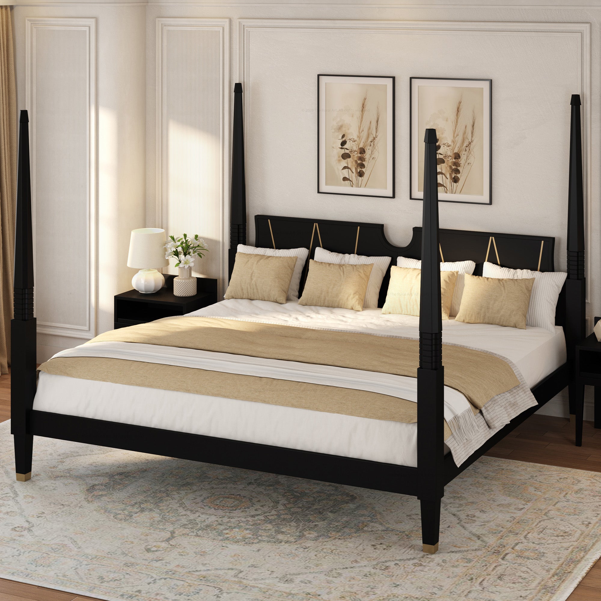 Troy Solid Wood Four Poster Bed with Brass Detailing