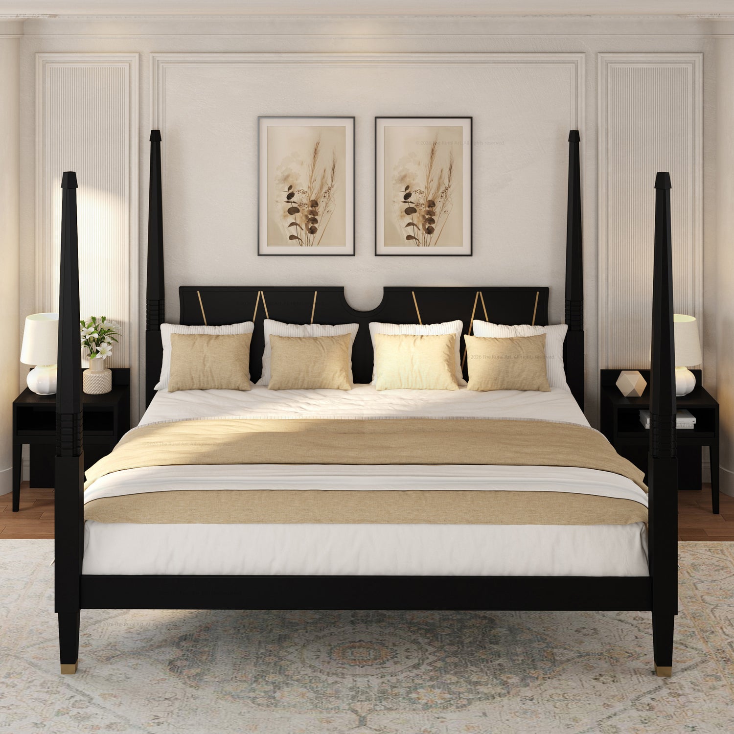 Troy Solid Wood Four Poster Bed with Brass Detailing
