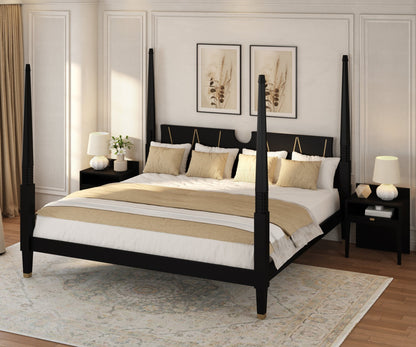 Troy Solid Wood Four Poster Bed Set with Brass Accents