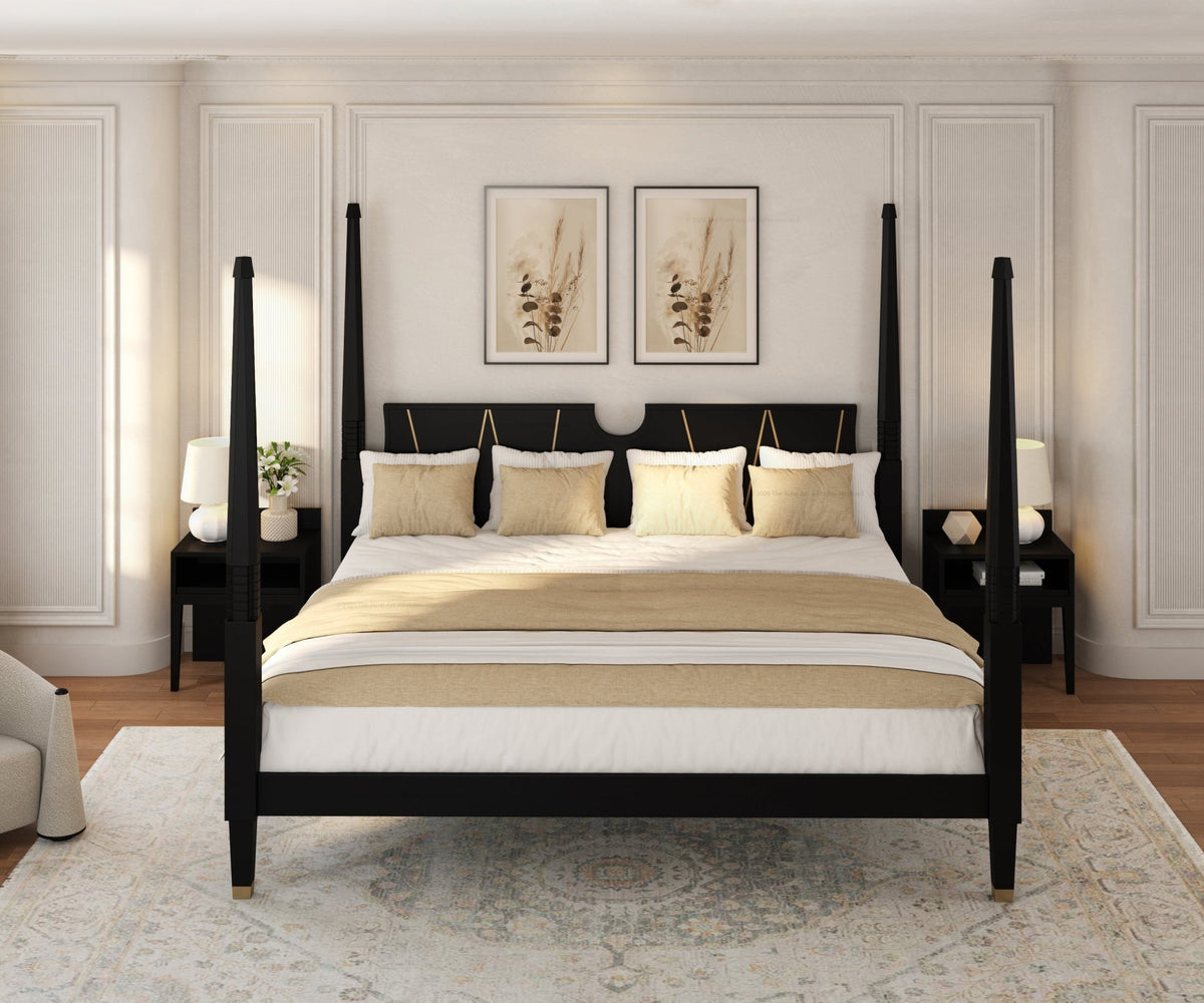 Troy Solid Wood Four Poster Bed Set with Brass Accents