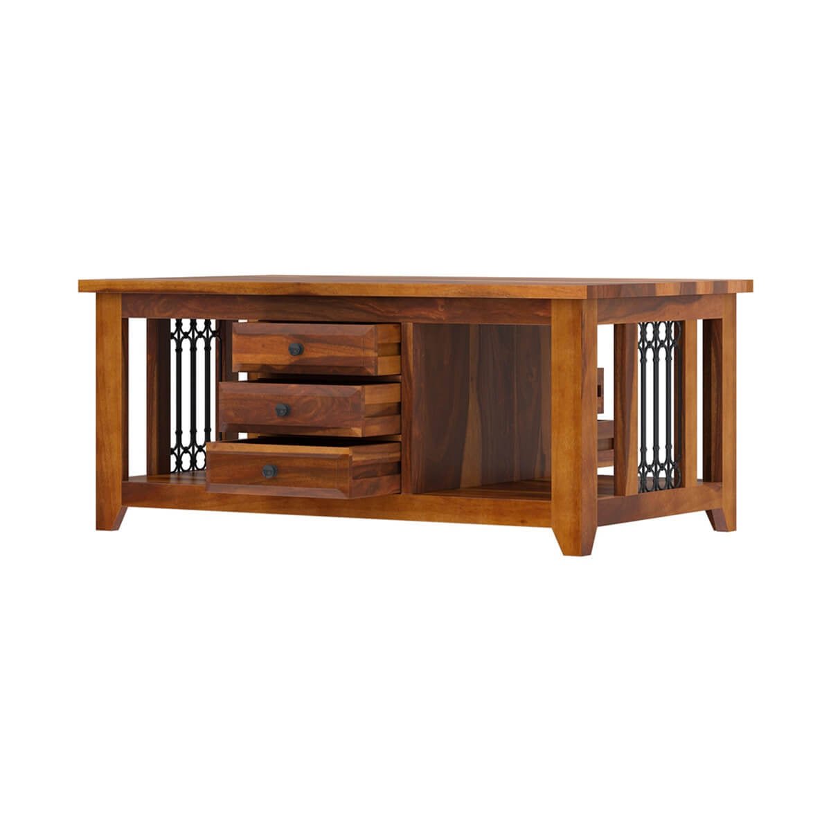 Golden Gate Iron Grill Rustic Solid Wood Coffee Table With 6 Drawers