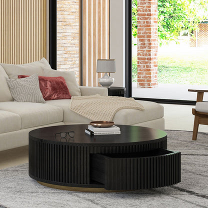Andalusia Wood Black Fluted Round Coffee Table With Storage