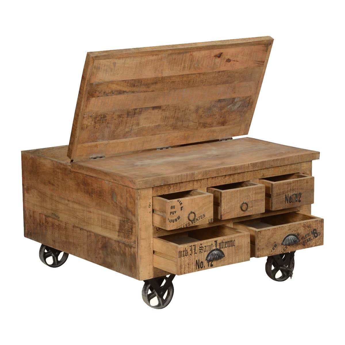 Industrial Style Solid Wood Square Storage Trunk 5 Drawer Coffee Table