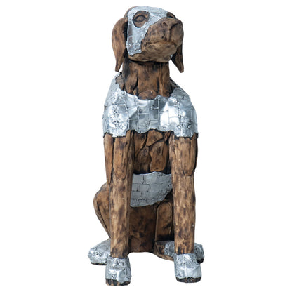 A decorative sculpture of a sitting dog made from brown wood with metallic silver painted armor-like details on the head, chest, and paws, shown against a plain white background.