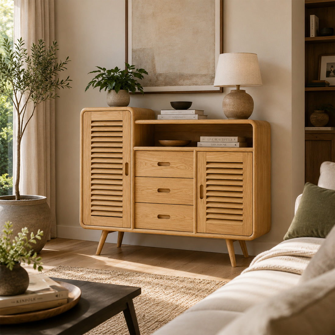Helena Solid Wood Louvered Sideboard with Drawers &amp; Open Shelf