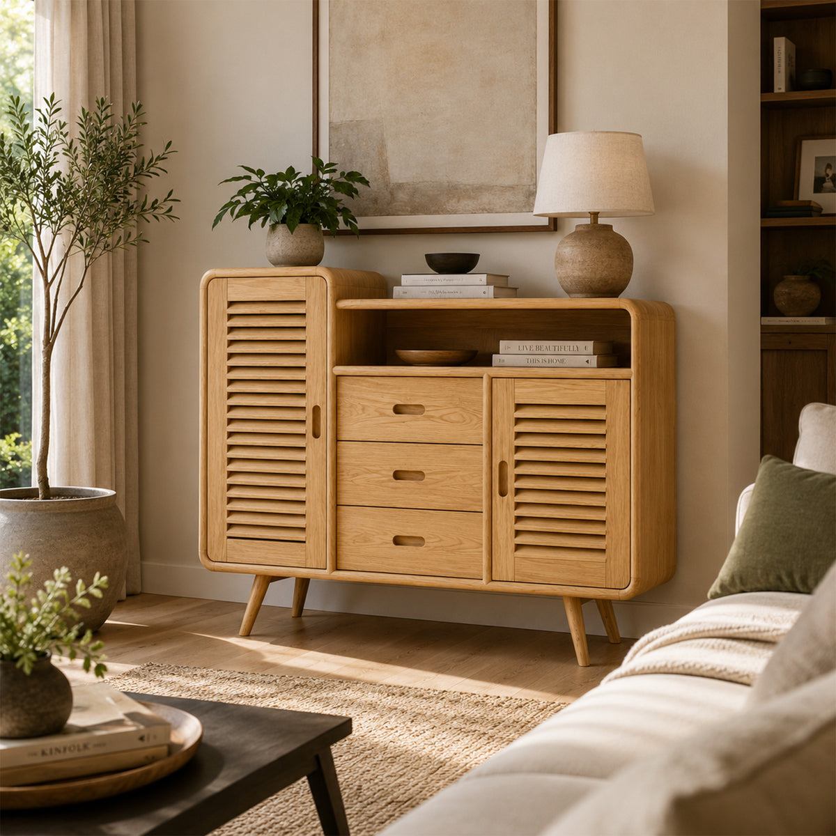 Helena Solid Wood Louvered Sideboard with Drawers &amp; Open Shelf