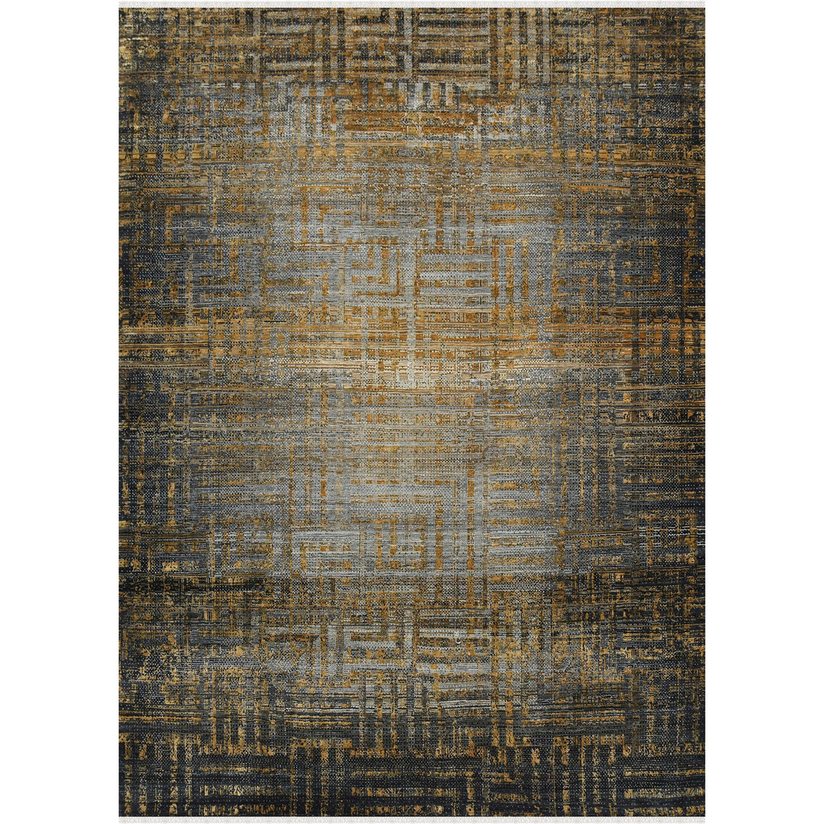 Milan Noir Abstract Grid Distressed Hand-Knotted Wool &amp; Silk Rug