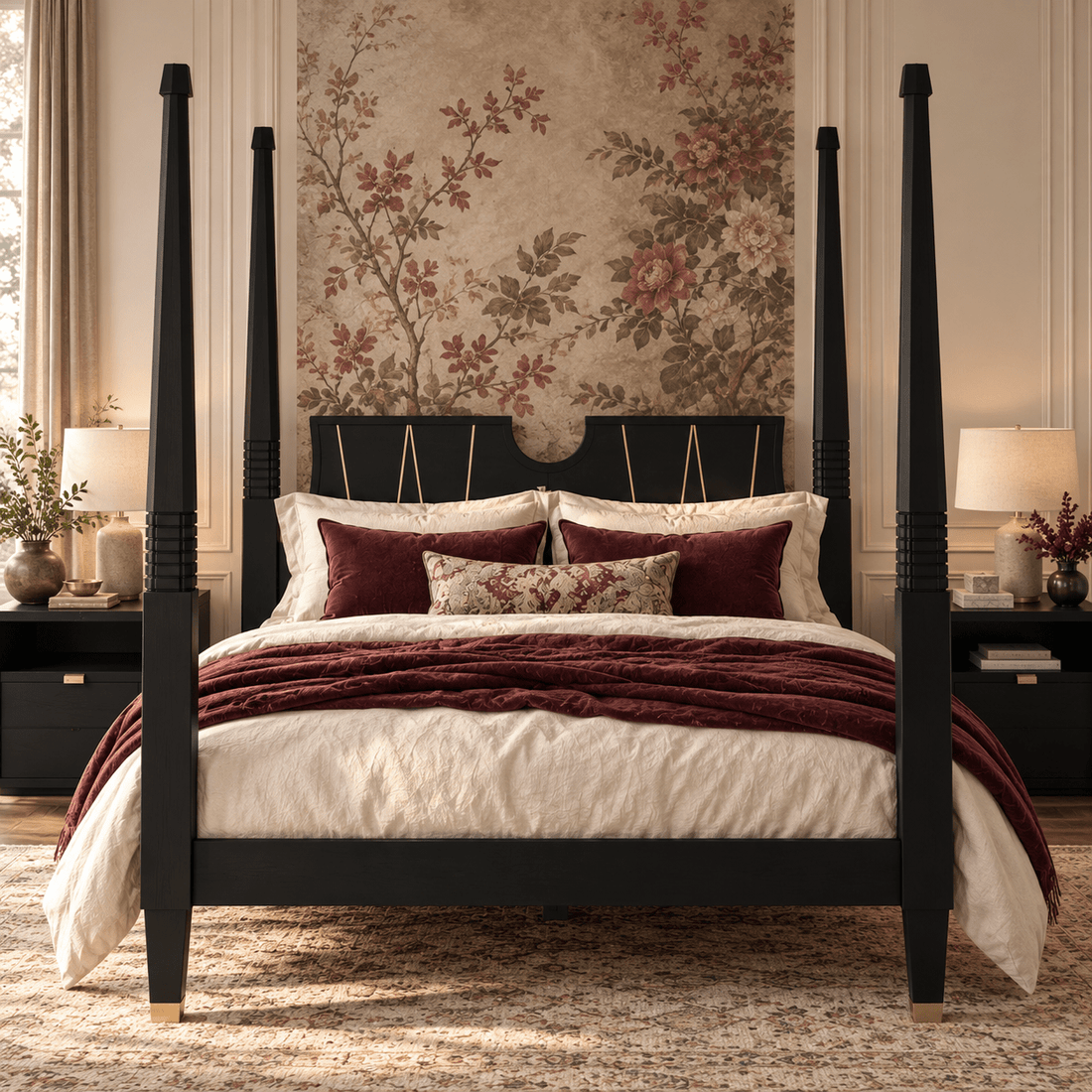Troy Solid Wood Four Poster Bed with Brass Accent