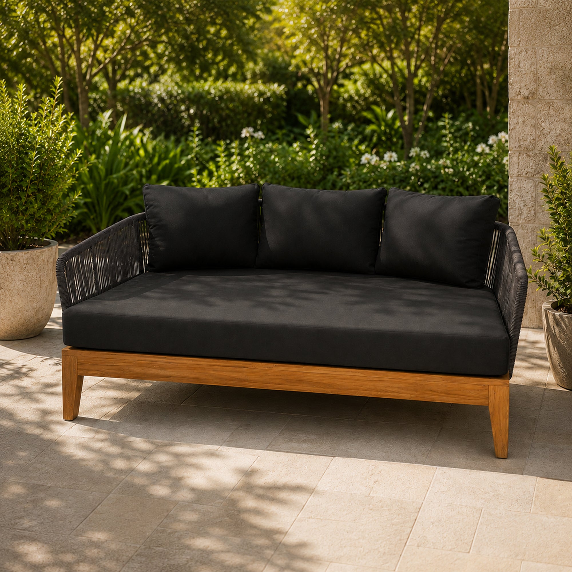 Morrilton Solid Teak Wood Outdoor Daybed with Woven Rope Detailing