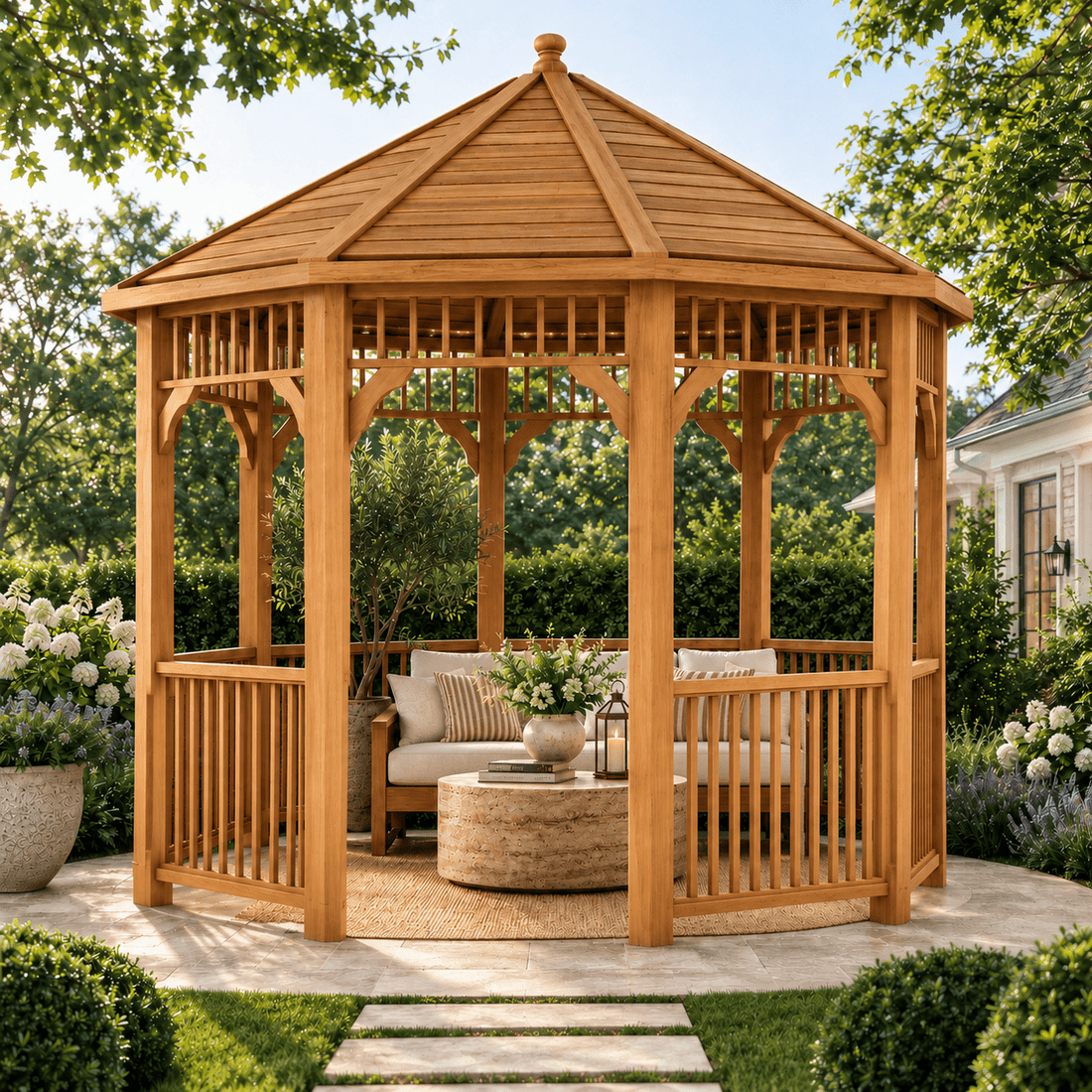 Bellingham 12ft Round Solid Teak Wood Outdoor Garden Gazebo