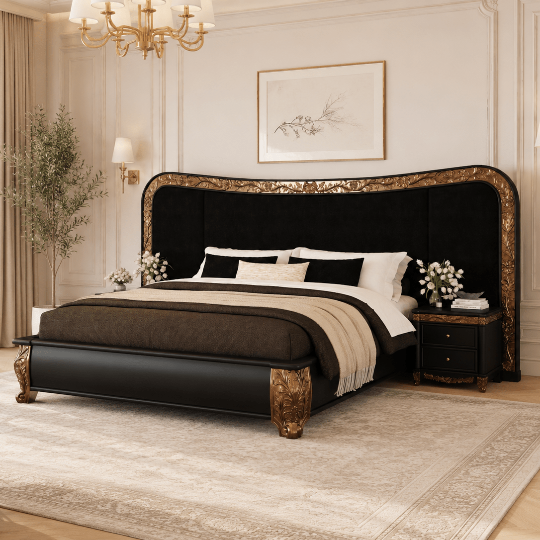 An elegant bed with a tall black upholstered headboard and ornate gold detailing, styled in a luxurious beige bedroom with a chandelier, wall sconces, and a large area rug.