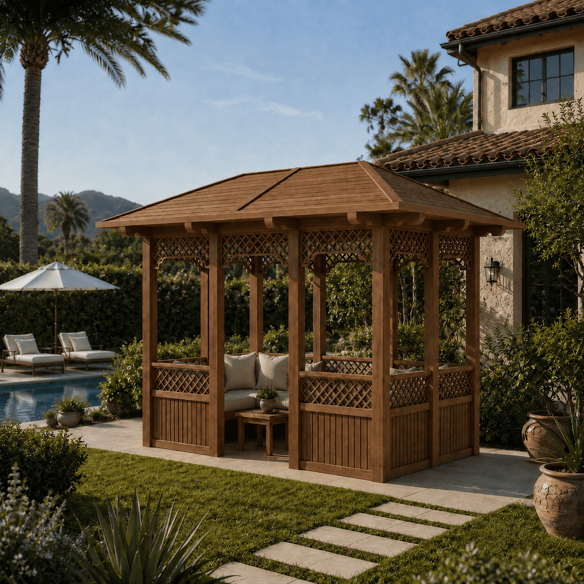 Saratoga Teak Wood Outdoor Garden Gazebo with Decorative Lattice Panels