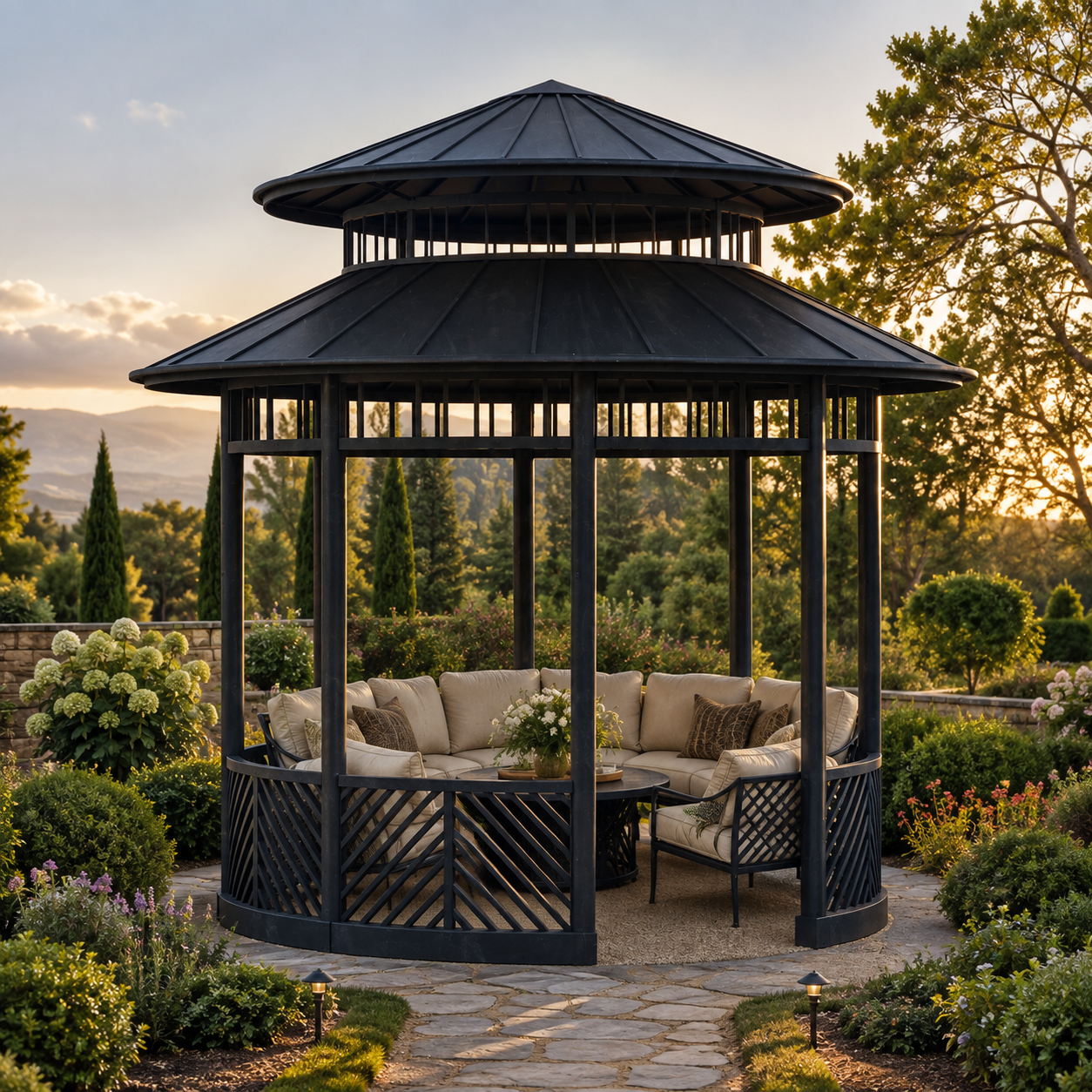 Portsmouth Double-Tier Estate Pavilion Wrought Iron Garden Gazebo