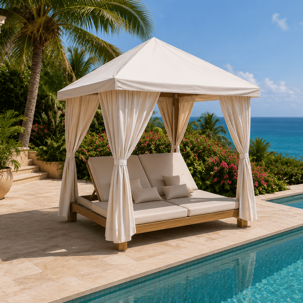 A luxury outdoor daybed under a white canopy cabana with draped curtains, situated next to an infinity pool with a stunning ocean and palm tree view.