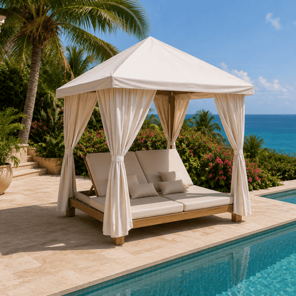 A luxury outdoor daybed under a white canopy cabana with draped curtains, situated next to an infinity pool with a stunning ocean and palm tree view.