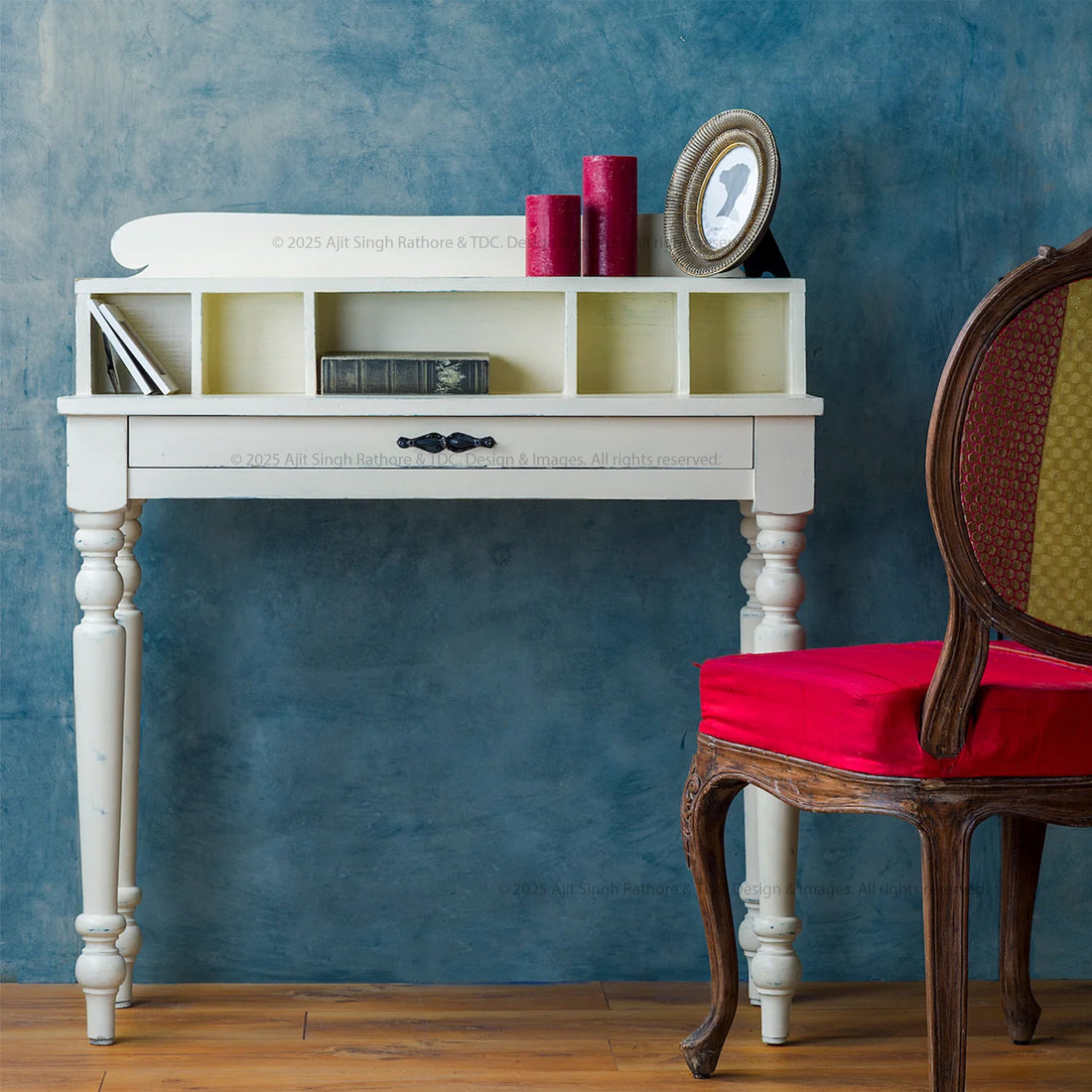 Jamestown Vintage French Provincial Writing Desk – Solid Wood, Distressed White Finish