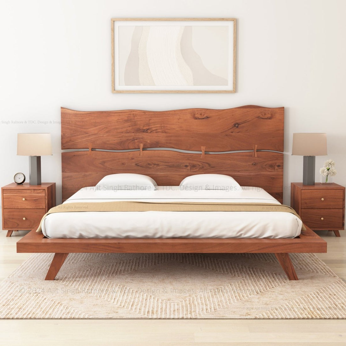 Live Edge Acacia Wood Platform Bed with Headboard &amp; Slats