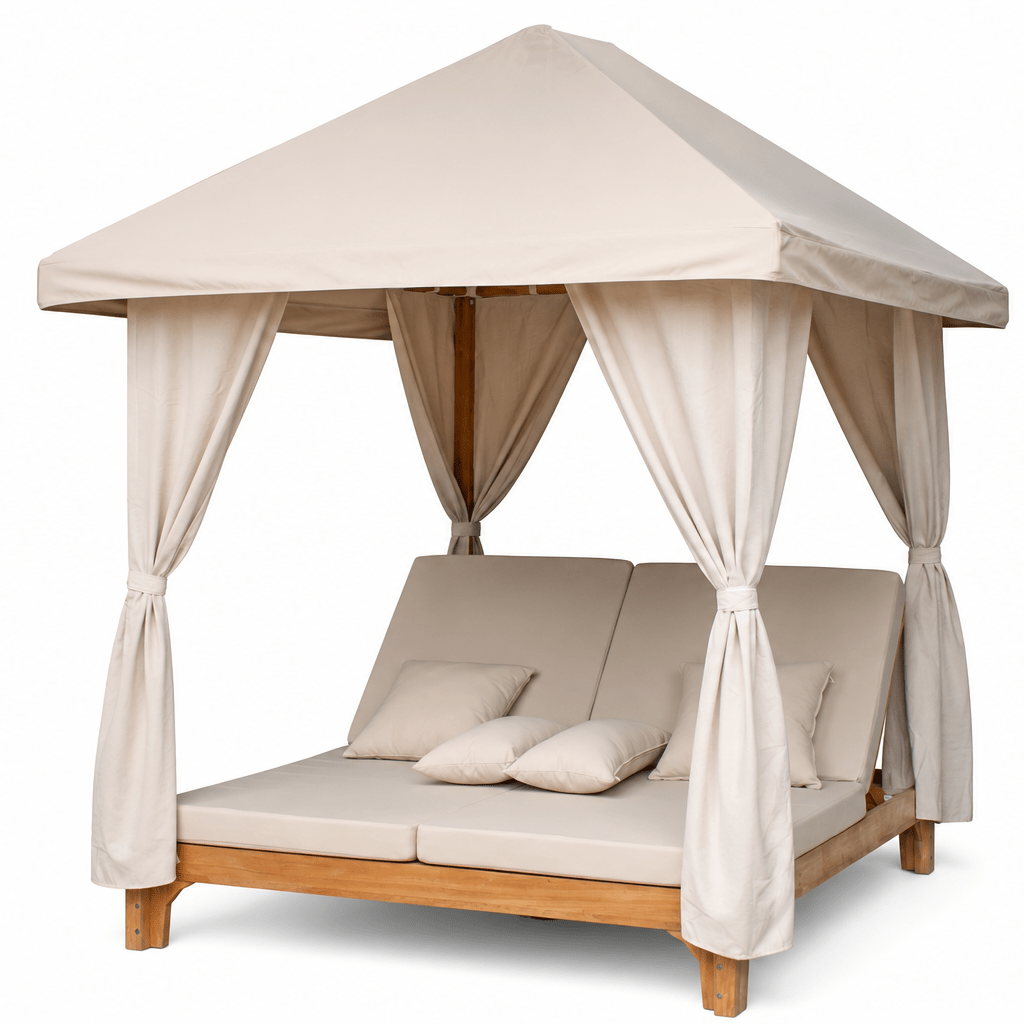 A beige outdoor daybed with a matching canopy and curtains, supported by a light wood frame, shown on a solid white background.