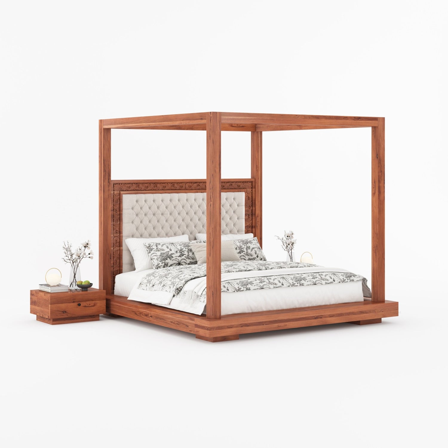 Sheffield Solid Wood Canopy Bed with Upholstered Tufted Headboard &amp; Hand-Carved Frame