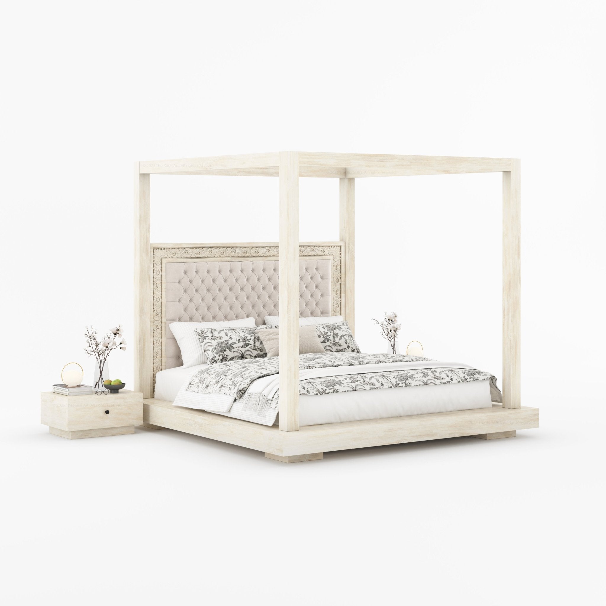 Sheffield Solid Wood Canopy Bed with Upholstered Tufted Headboard &amp; Hand-Carved Frame