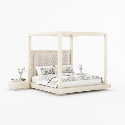 Sheffield Solid Wood Canopy Bed with Upholstered Tufted Headboard &amp; Hand-Carved Frame