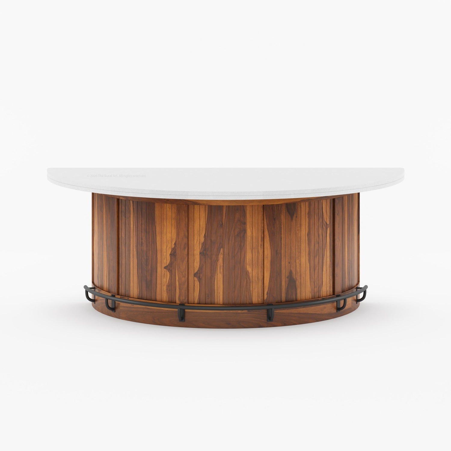 Midland Curved Solid Wood Half Round Kitchen Island with Upholstered Stools &amp; Quartz Top