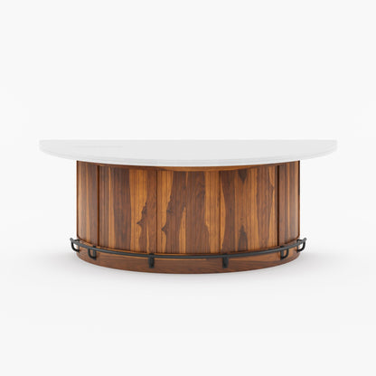 Midland Curved Solid Wood Half Round Kitchen Island with Upholstered Stools &amp; Quartz Top