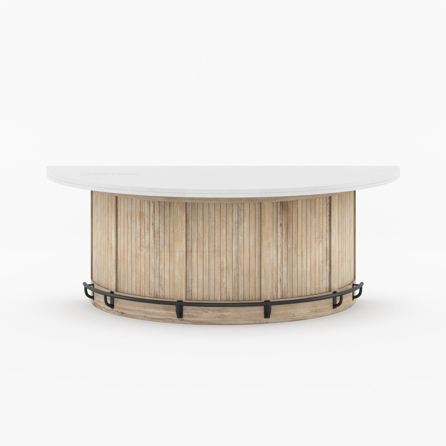 Midland Curved Solid Wood Half Round Kitchen Island with Upholstered Stools &amp; Quartz Top