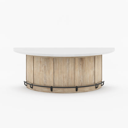 Midland Curved Solid Wood Half Round Kitchen Island with Upholstered Stools &amp; Quartz Top