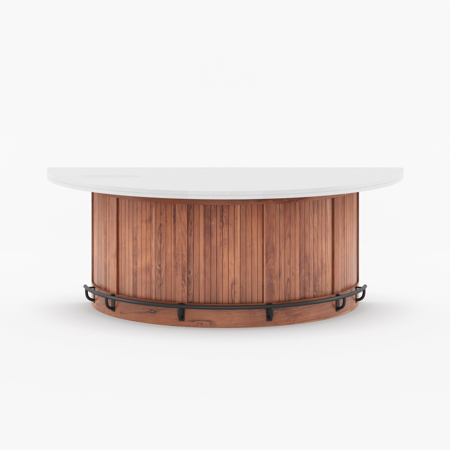 Midland Curved Solid Wood Half Round Kitchen Island with Upholstered Stools &amp; Quartz Top