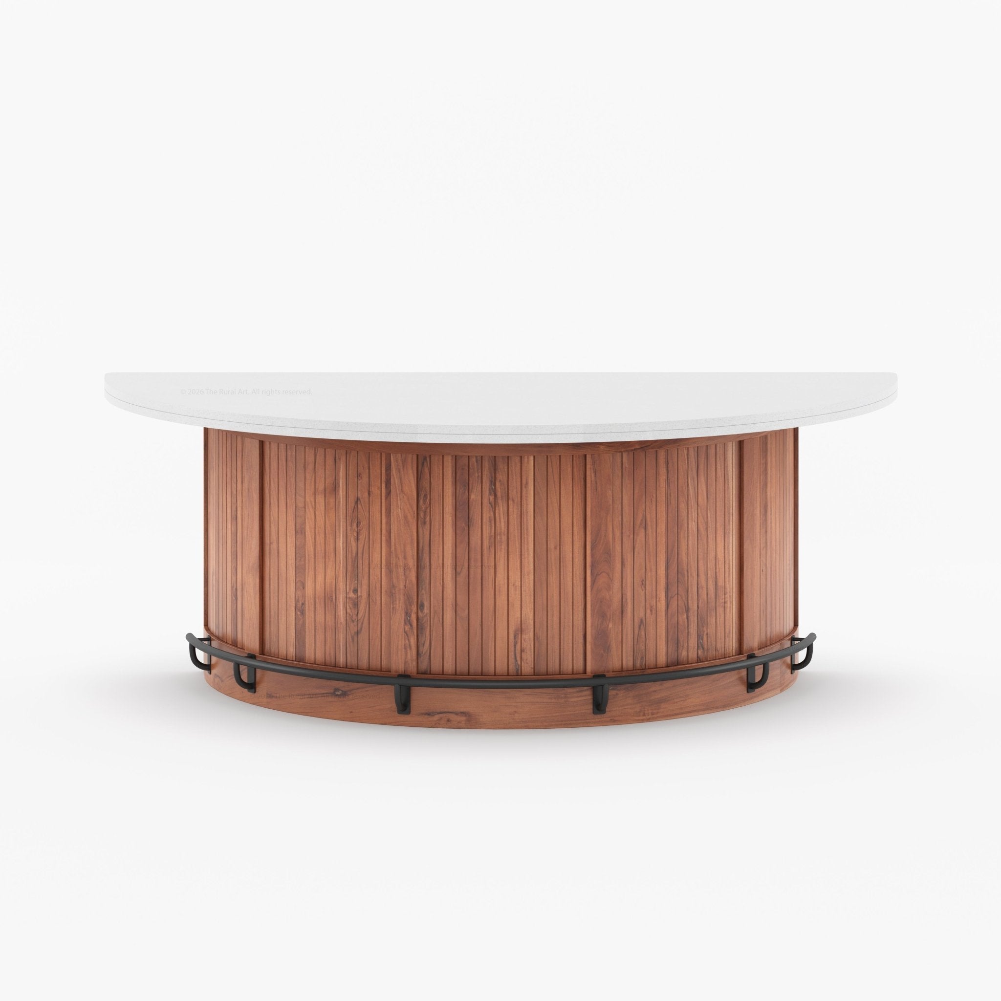 Midland Curved Solid Wood Half Round Kitchen Island with Upholstered Stools &amp; Quartz Top
