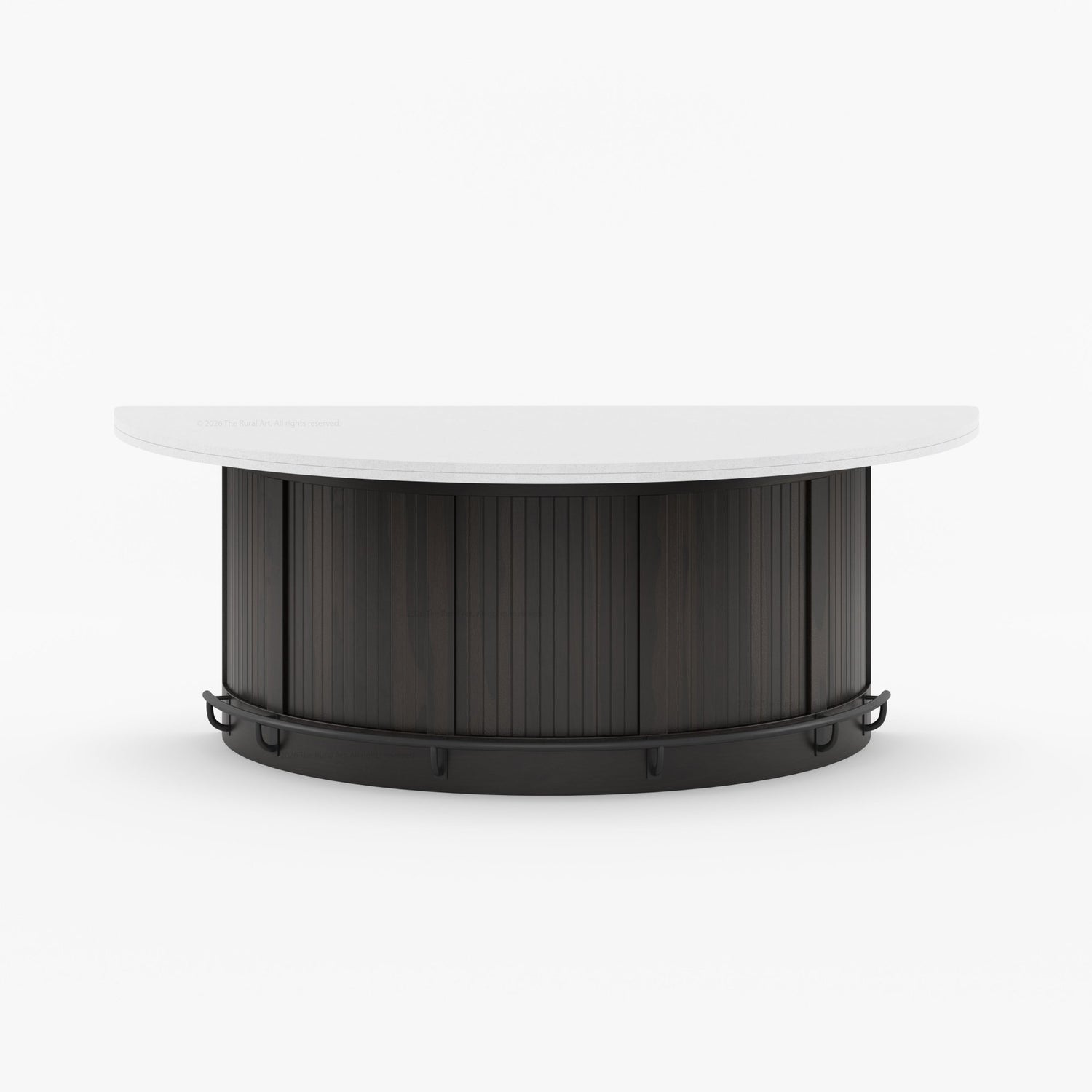 Midland Curved Solid Wood Half Round Kitchen Island with Upholstered Stools &amp; Quartz Top
