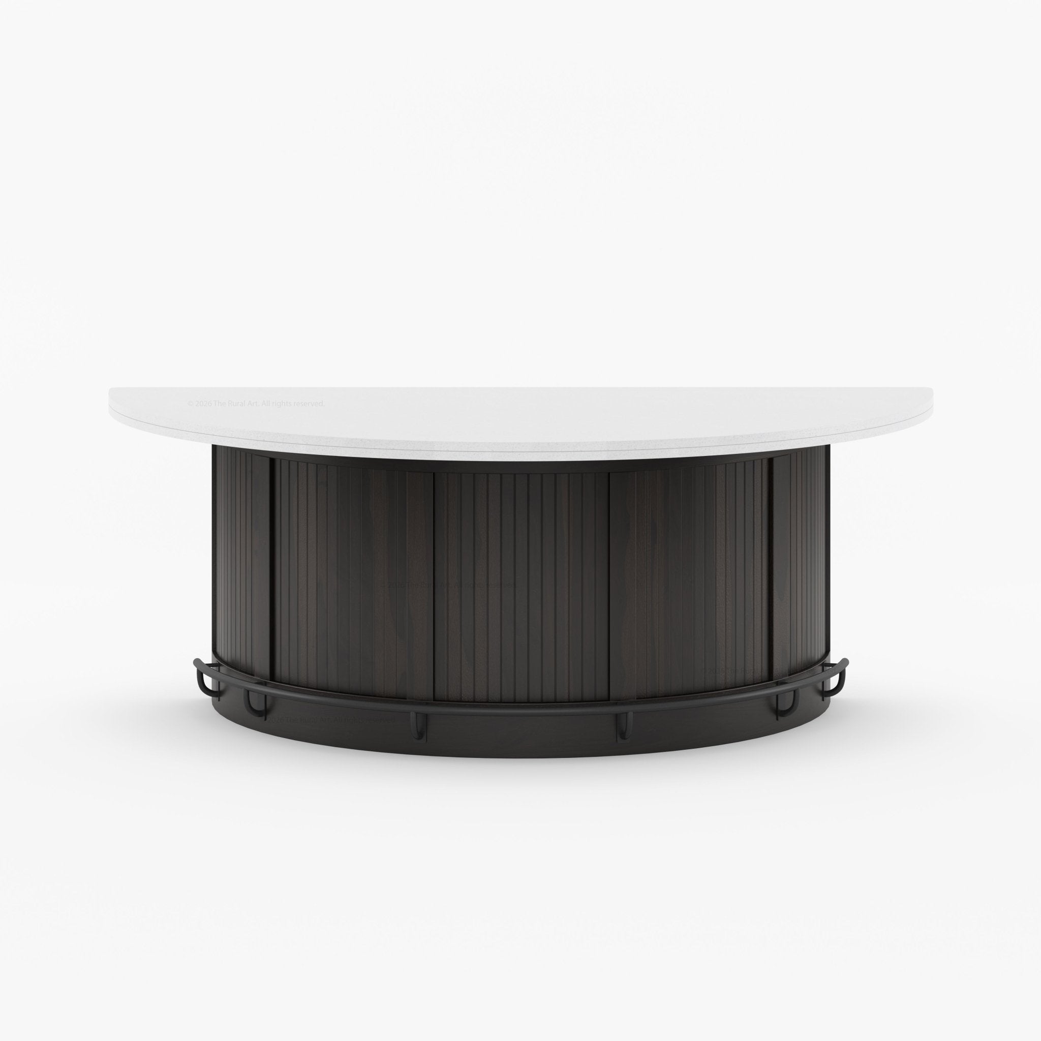 Midland Curved Solid Wood Half Round Kitchen Island with Upholstered Stools &amp; Quartz Top