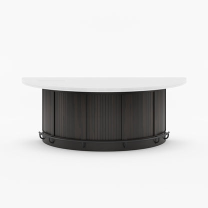 Midland Curved Solid Wood Half Round Kitchen Island with Upholstered Stools &amp; Quartz Top
