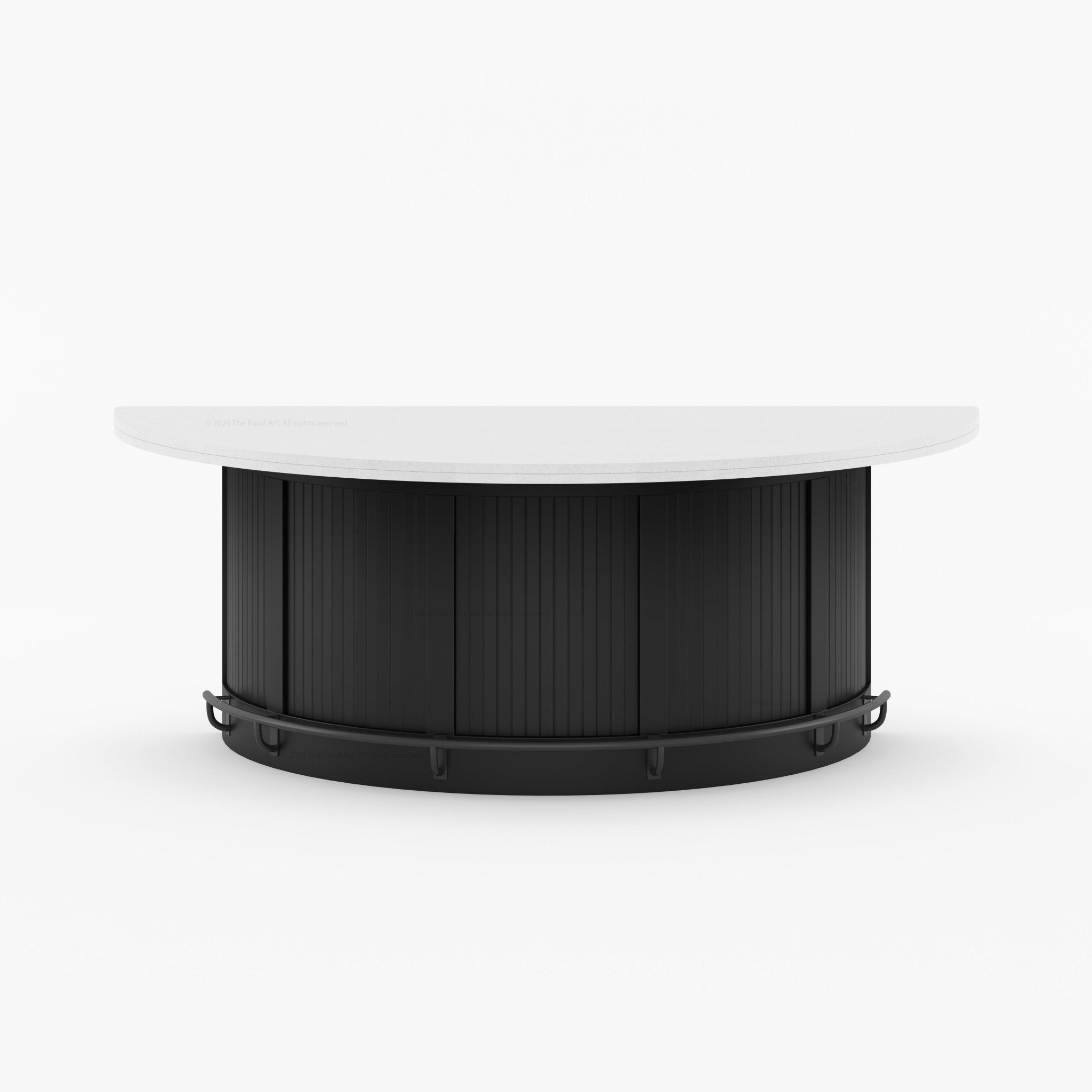 Midland Curved Solid Wood Half Round Kitchen Island with Upholstered Stools &amp; Quartz Top