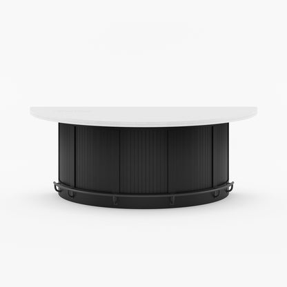 Midland Curved Solid Wood Half Round Kitchen Island with Upholstered Stools &amp; Quartz Top