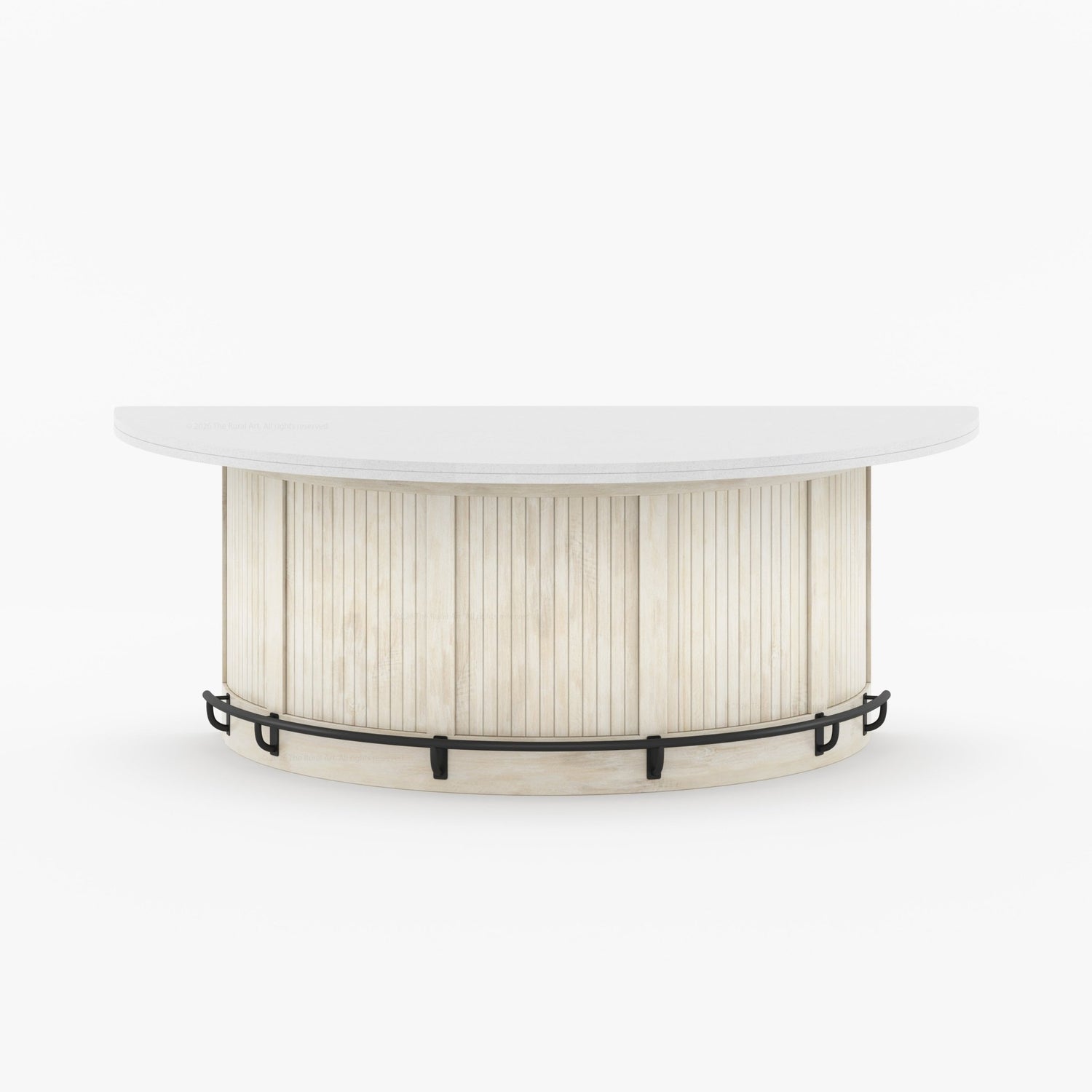 Midland Curved Solid Wood Half Round Kitchen Island with Upholstered Stools &amp; Quartz Top