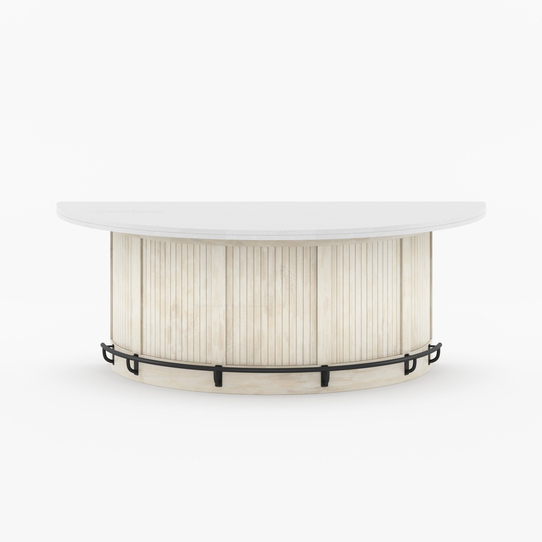 Midland Curved Solid Wood Half Round Kitchen Island with Upholstered Stools &amp; Quartz Top
