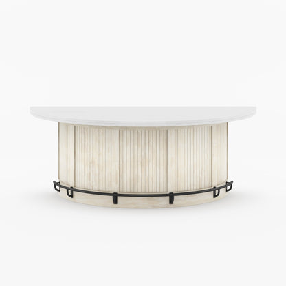 Midland Curved Solid Wood Half Round Kitchen Island with Upholstered Stools &amp; Quartz Top