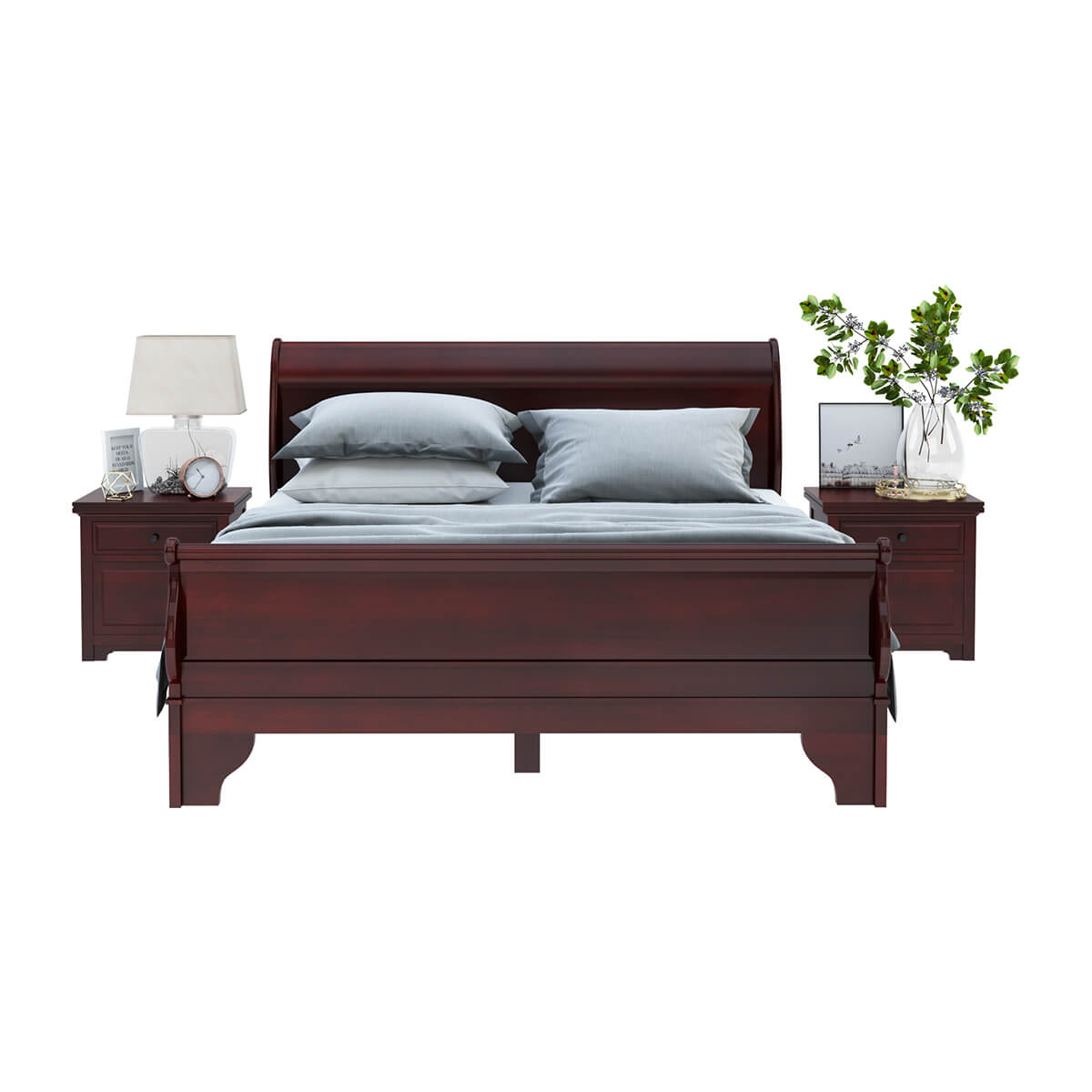Carina Real Solid Wood Contemporary Platform Sleigh Bed w Corbel Shaped Feet